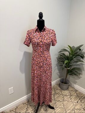 Pink Floral Short-Sleeve Collared Maxi Dress